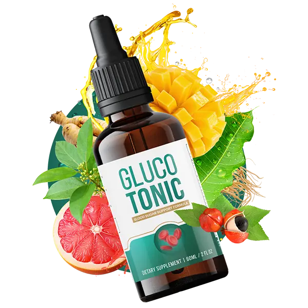 Bottle of GlucoTonic supplement, a natural formula for blood sugar support and daily energy.